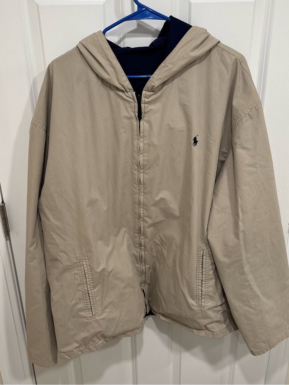 Vintage Polo Ralph Lauren Tan & Navy Blue Suede Full Zip Hooded Jacket Mens XXL